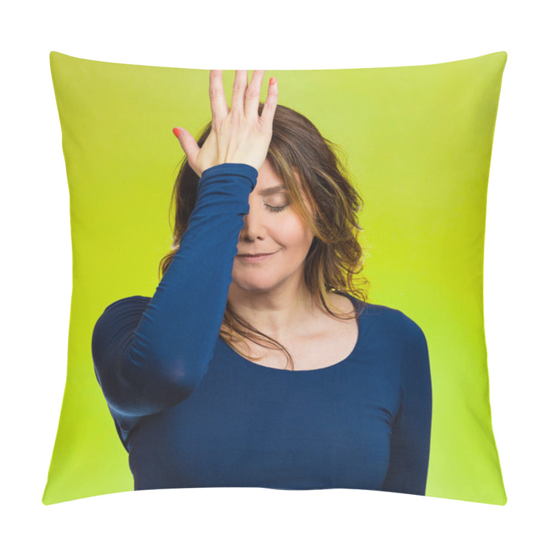 Personality  Woman Realizes Mistake, Regrets, Slapping Hand On Head To Say Duh Pillow Covers