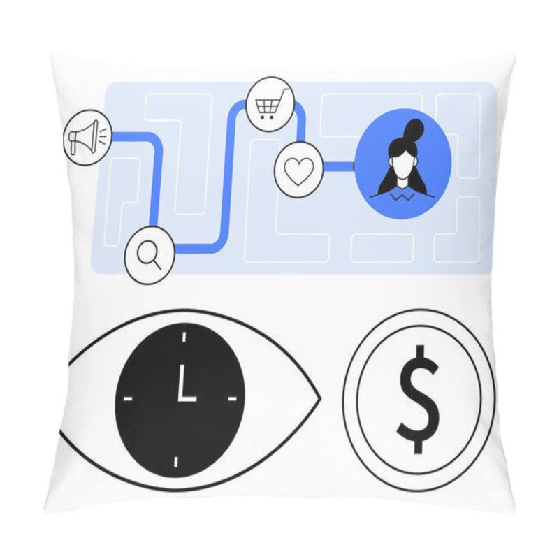 Personality  Path Connecting Shopping Cart, Heart, And User Profile On A Maze With Magnifying Glass, Clock-eye, And Dollar Icons. Ideal For Marketing, Ecommerce, UX Design, Strategy Analytics Time-value Pillow Covers