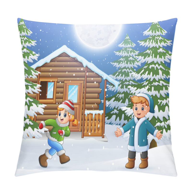 Personality  Happy Kids To Wear Winter Clothes And Play In Front Of A Snowy Wooden House Pillow Covers