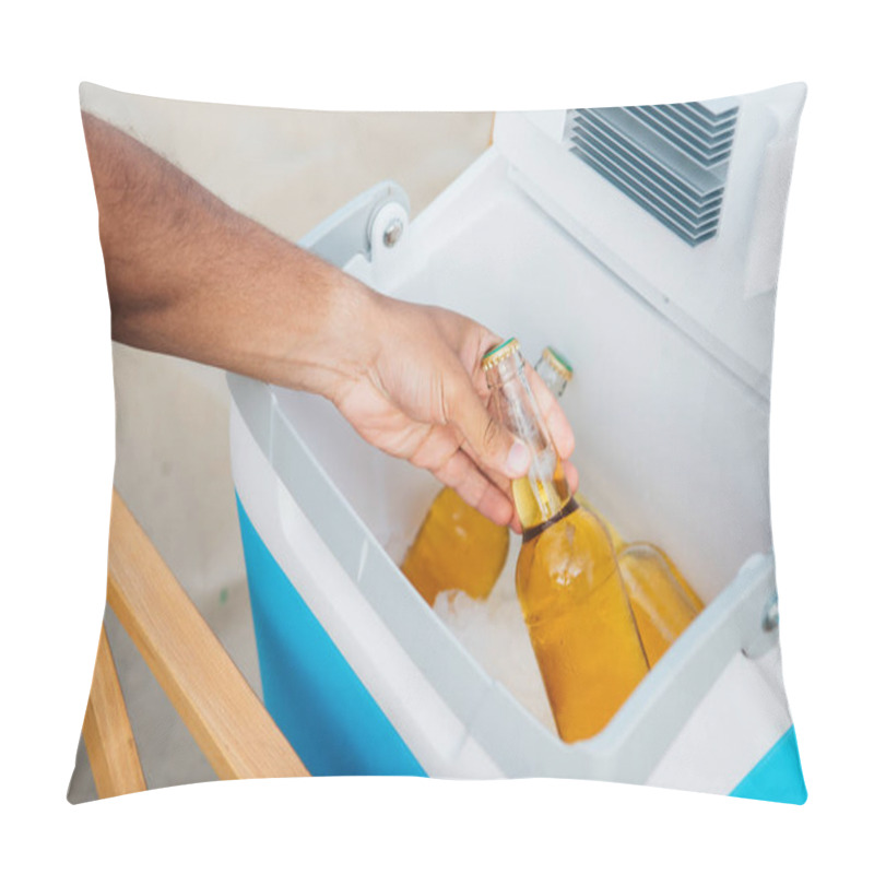 Personality  Cropped View Of Young Man Taking Bottles Of Beer From Portable Fridge Pillow Covers