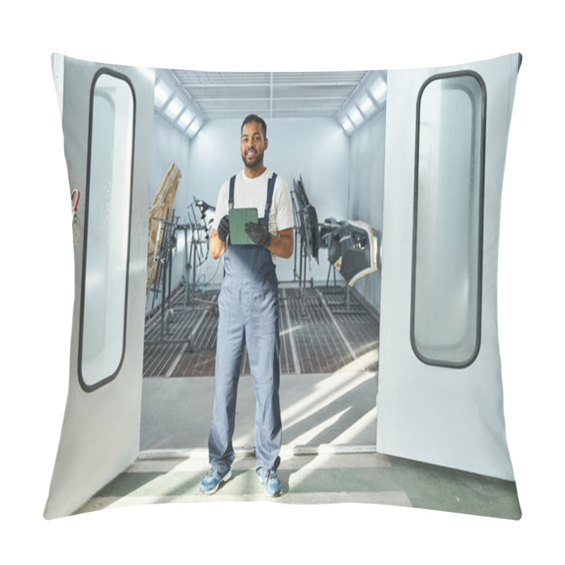 Personality  Young Mechanic Stands Proudly In A Bright Workshop, Ready To Tackle His Tasks For The Day. Pillow Covers