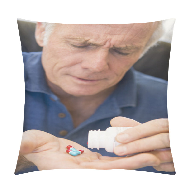 Personality  Senior Man Pouring Pills Out Of Bottle Pillow Covers