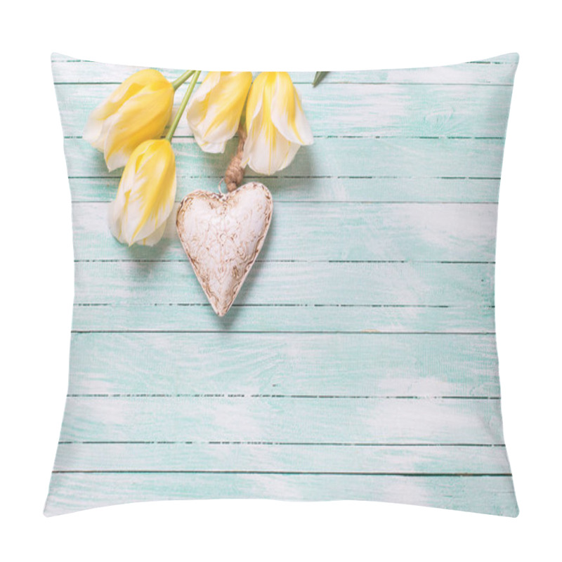 Personality  Background With Spring Tulips And Decorative Heart. Yellow Tulips Flowers On Turquoise Wooden Background. Place For Text. Selective Focus. Pillow Covers