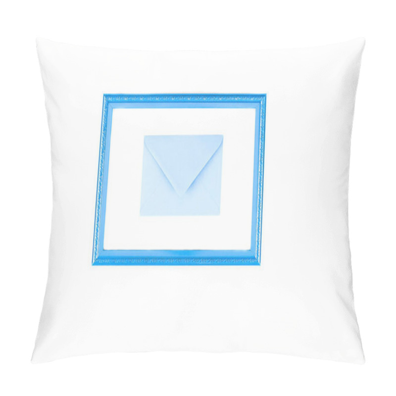 Personality  Top View Of Frame And Blue Envelope Isolated On White Pillow Covers