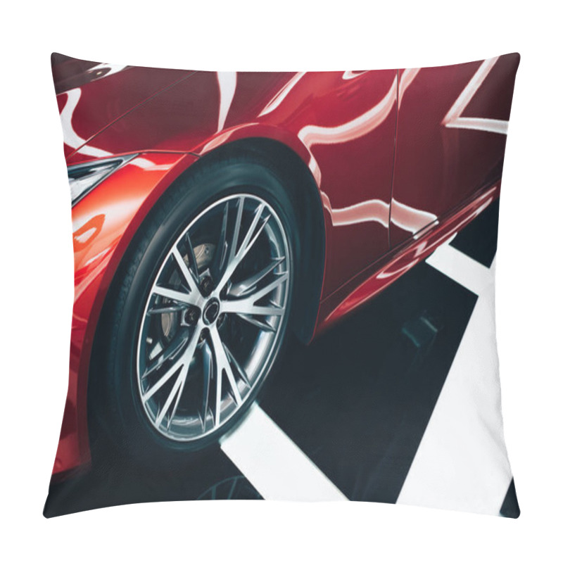 Personality  Shiny New Red Automobile With Metallic Wheel In Car Showroom  Pillow Covers