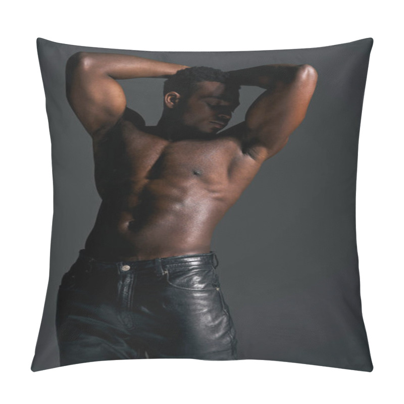 Personality  In A Striking Pose, A Young African American Man Showcases His Impressive Physique While Playfully Holding His Arms Behind His Head. Pillow Covers