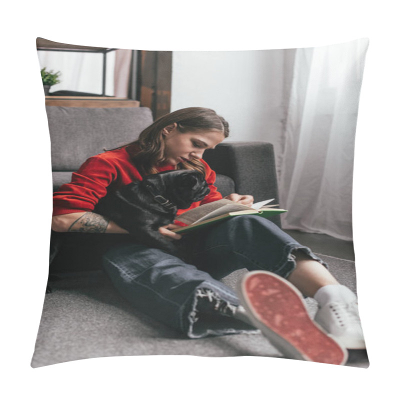 Personality  Selective Focus Of Girl With Prosthetic Leg Reading Book And Hugging Pug On Floor In Living Room Pillow Covers