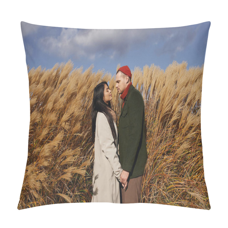 Personality  A Loving Couple Stands Close, Wearing Warm Autumn Outfits, Surrounded By Tall Golden Grasses. Pillow Covers