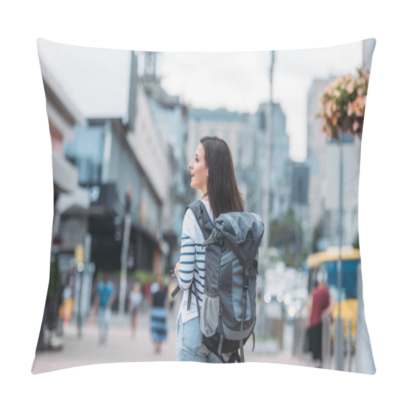 Personality  Back View Of Woman With Backpack Walking On Street Pillow Covers