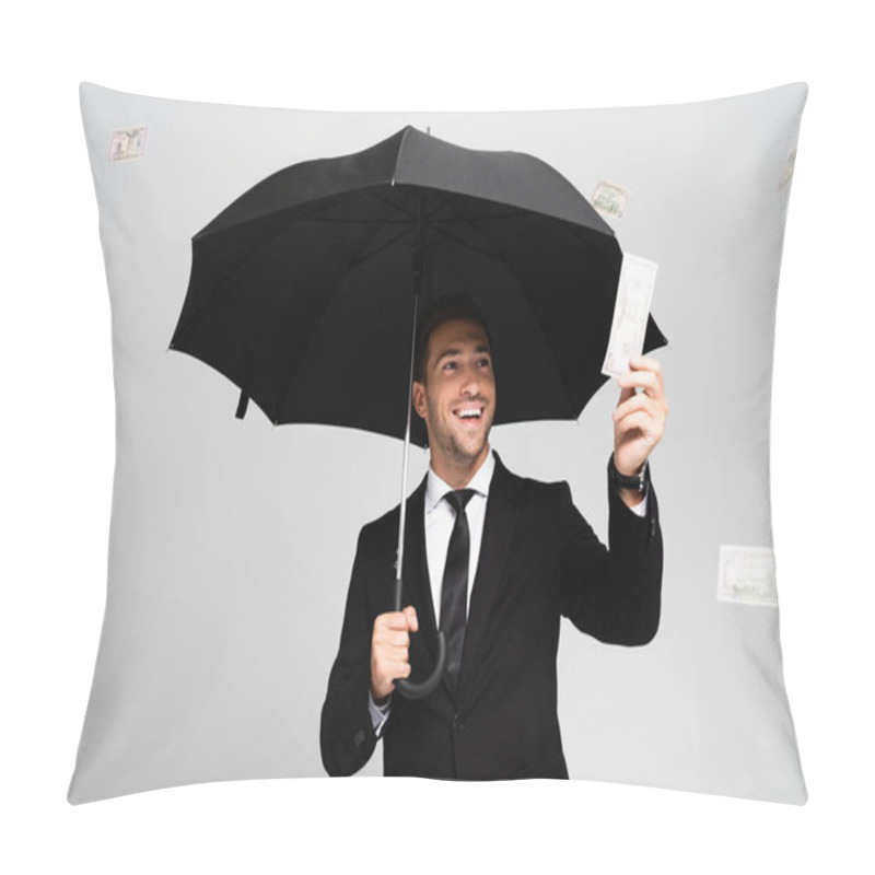 Personality  Handsome And Smiling Businessman In Suit Holding Umbrella And Holding Dollar Banknote Isolated On Grey Pillow Covers