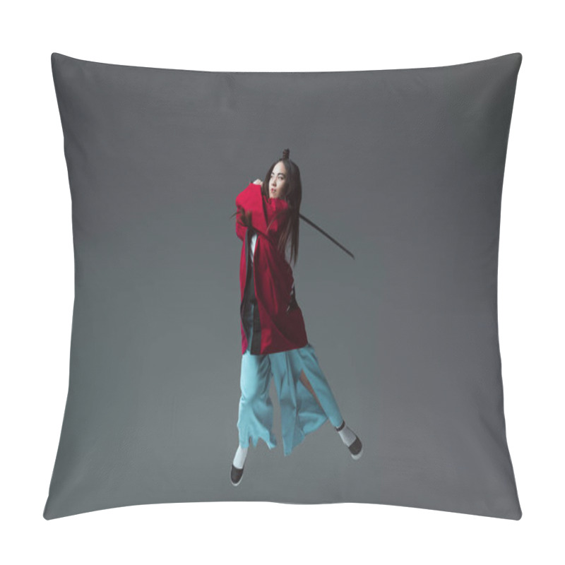 Personality  Young Woman In Kimono Fighting With Katana In Jump Isolated On Grey  Pillow Covers