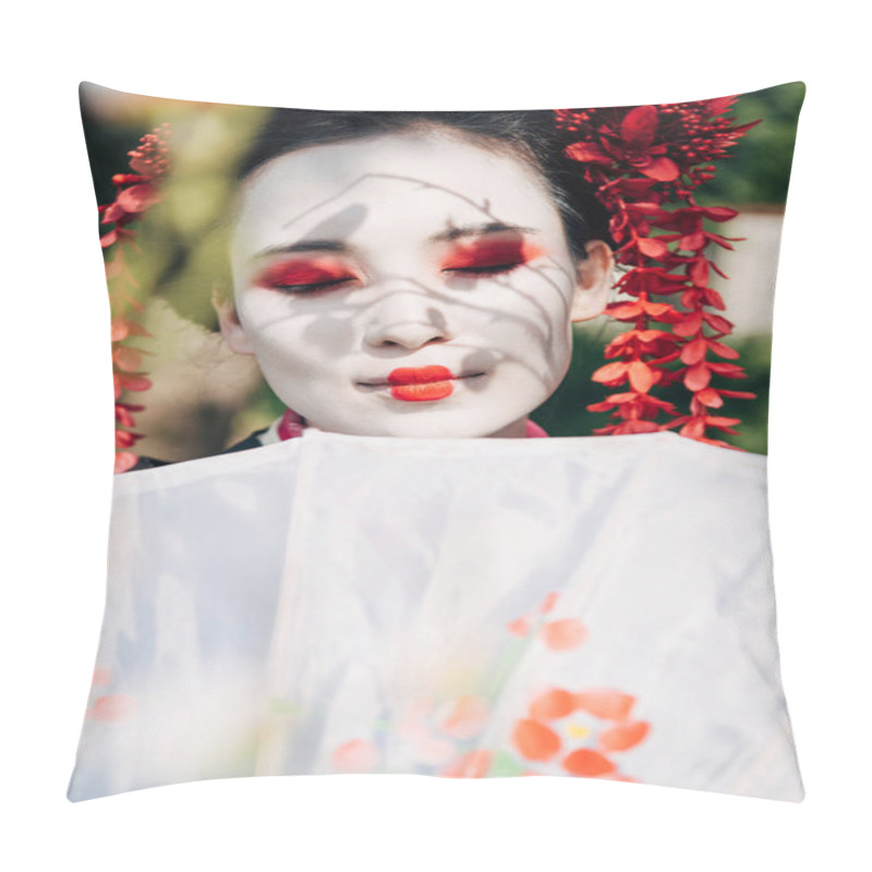 Personality  Selective Focus Of Tree Branches And Beautiful Smiling Geisha With Umbrella In Sunshine Pillow Covers