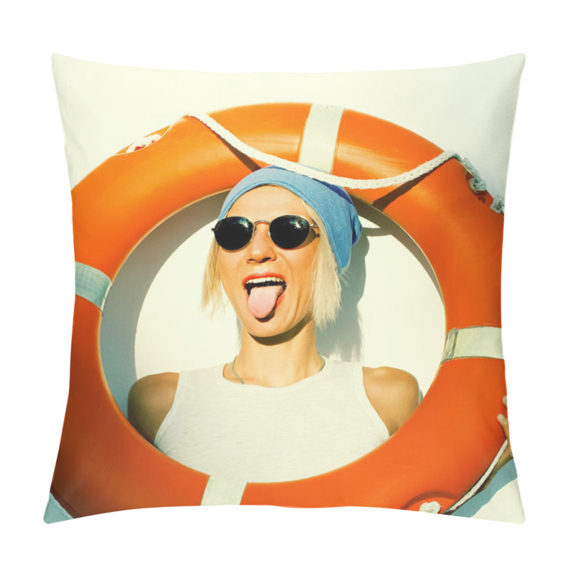 Personality  Blonde Model Plays The Fool On The Background Wall With Orange L Pillow Covers