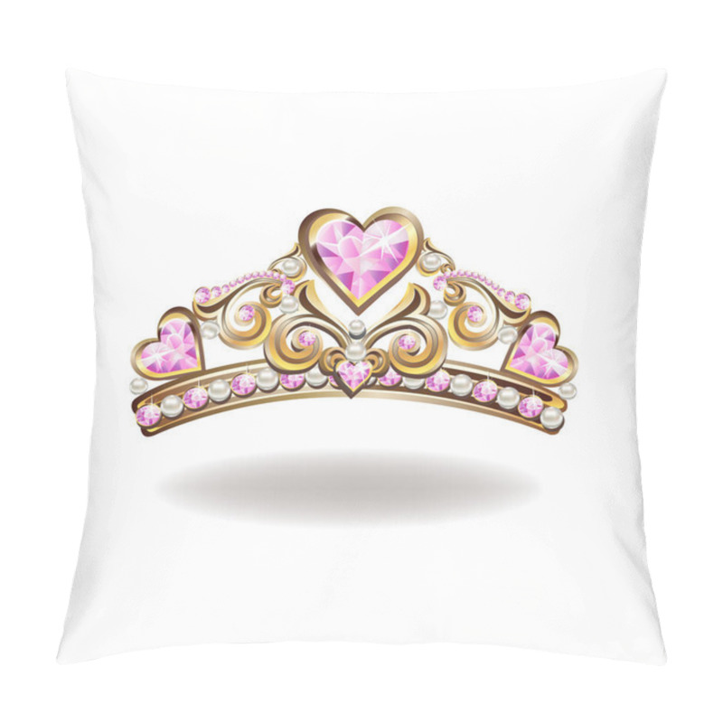 Personality  Princess Crown Or Tiara With Pearls And Pink Gems In The Shape Of A Heart Vector Illustration Isolated On White Background. Pillow Covers