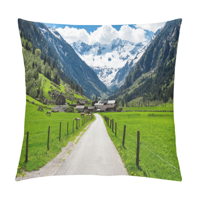 Personality  Spring Summer Mountains Landscape With Alpine Village And Snowy Peaks In The Background. Stillup, Austria, Tirol Pillow Covers