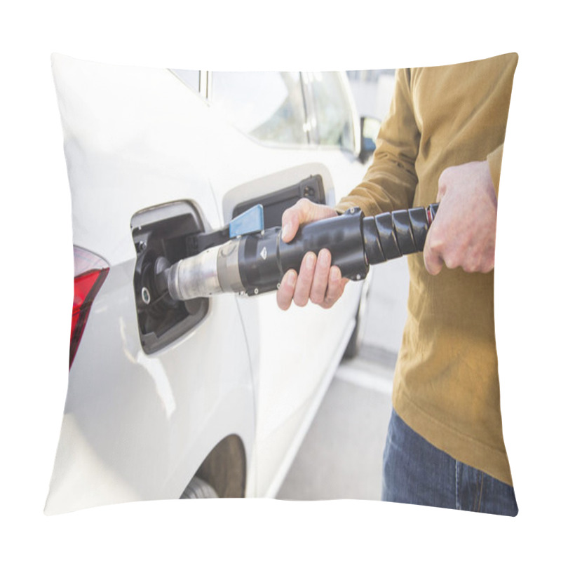 Personality  Man Filling His Car's Tank With Compressed Natural Gas, GNC. The Vehicle Has Both A Gas And A Petrol Tank. Concept Renewable Energies, Ecological Vehicle. Pillow Covers