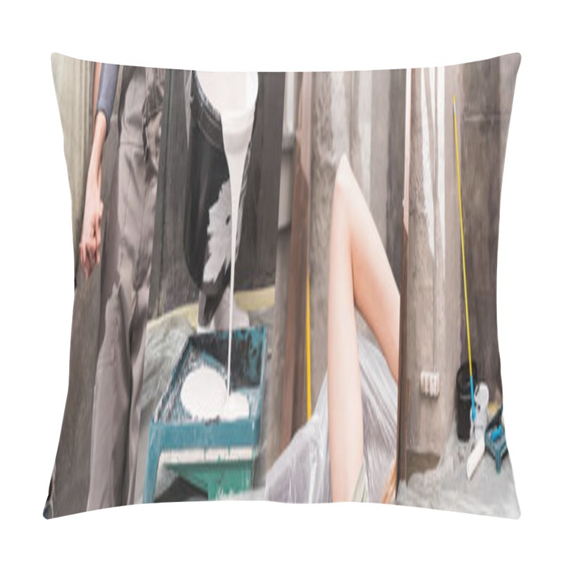 Personality  Collage Of Couple Holding Hands, Bucket With White Flowing Paint And Renovation Tools Pillow Covers