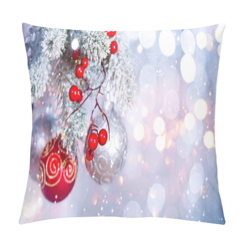 Personality  Christmas Decoration Balls With Fir Branches Against Blurred Silver Background Pillow Covers