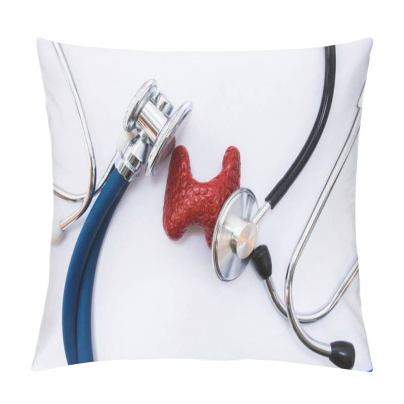 Personality  Medical Concept In Endocrinology And Thyroid Gland Examination. Anatomical Figure Copy Of Thyroid With Parathyroid Gland Is Surrounded By Two Heads Of Stethoscopes, Which Examined It Top View Pillow Covers