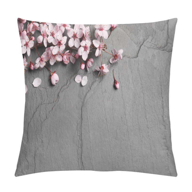 Personality  Blossoming Spring Tree Branch On Black Slate Table, Flat Lay. Space For Text Pillow Covers