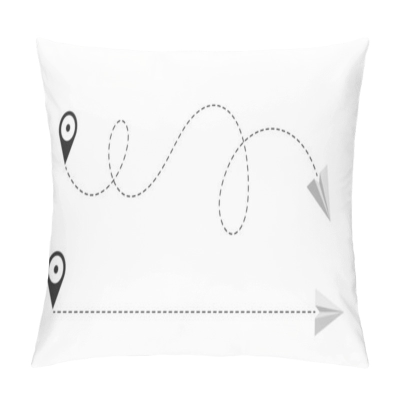 Personality  Airplane Is In A Dotted Line. Tourism And Travel. The Waypoint Is For A Tourist Trip. And His Track On A White Background. Vector Illustration. Pillow Covers