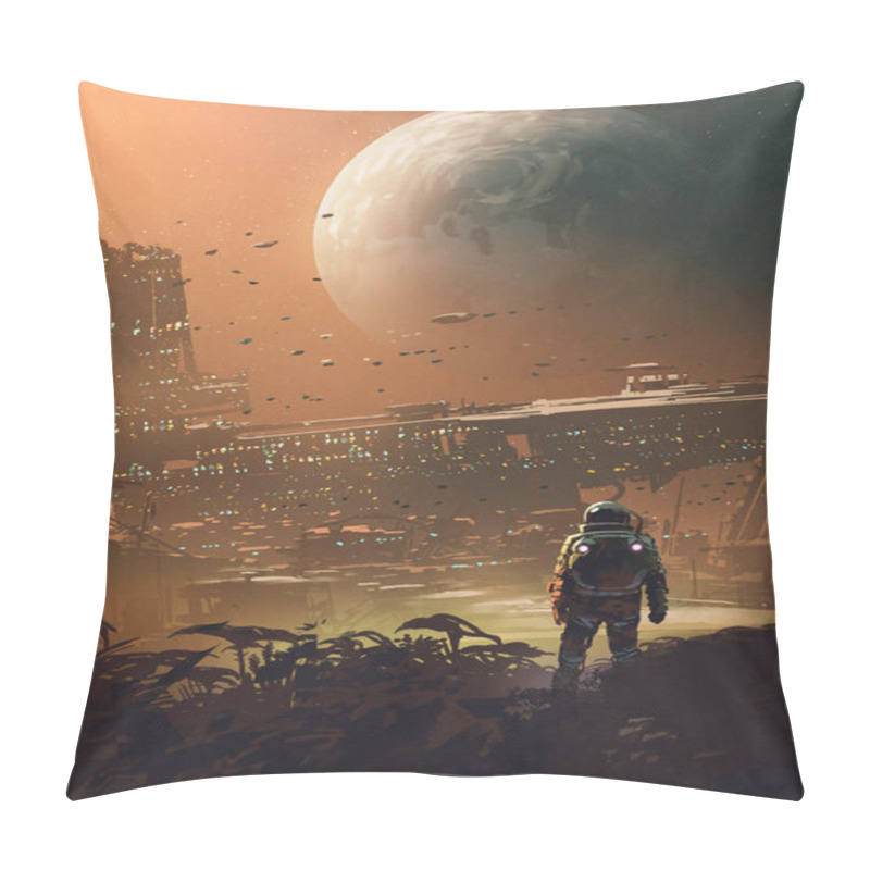 Personality  Astronaut Looking At Futuristic City In The Planet, Digital Art Style, Illustration Painting Pillow Covers