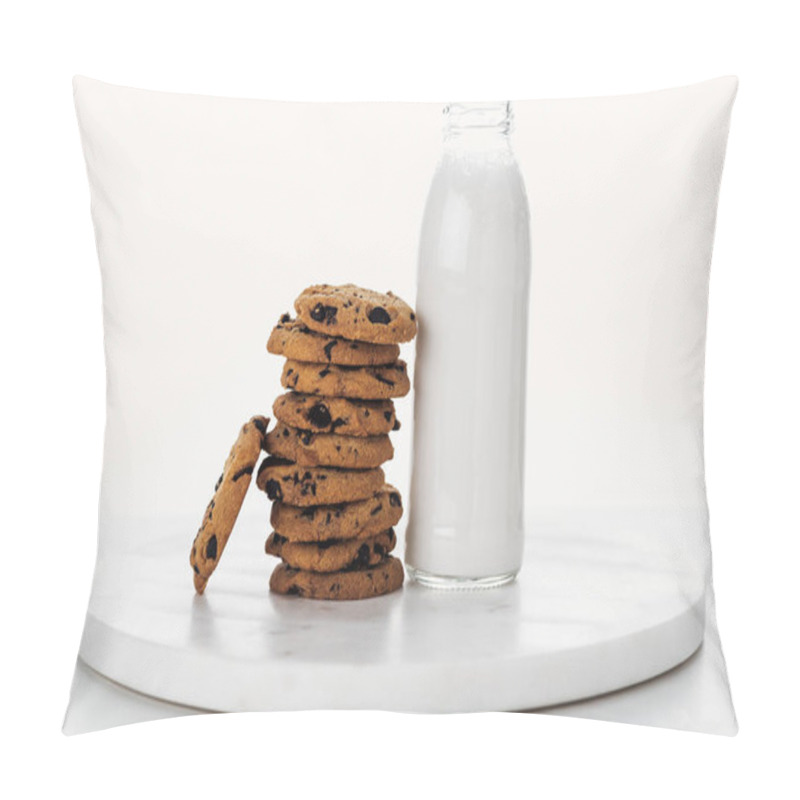 Personality  Pile Of Tasty Chocolate Cookies Near Bottle With Milk Isolated On White Pillow Covers