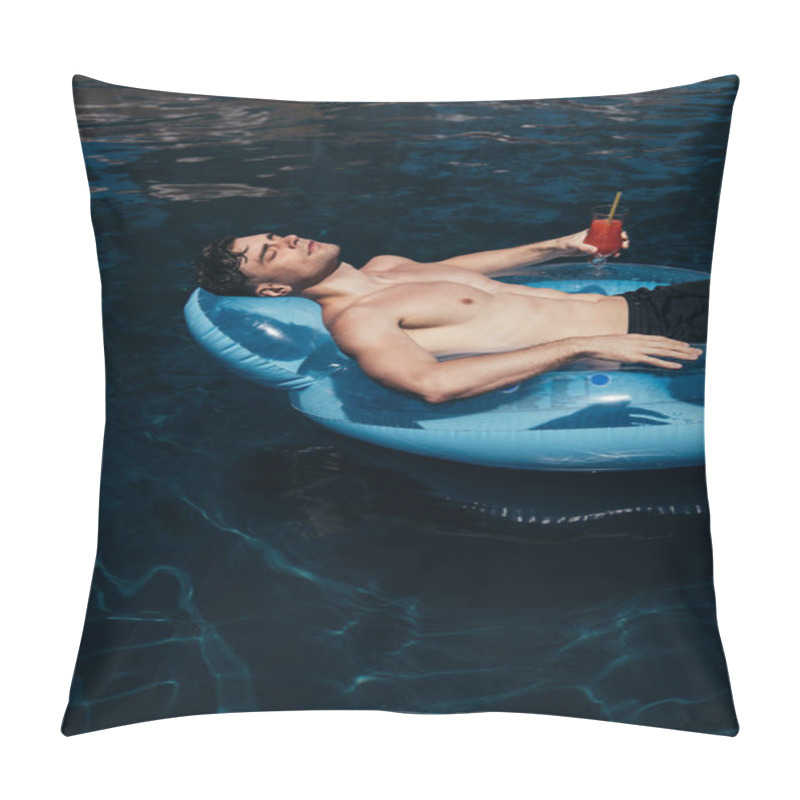 Personality  Handsome Young Man Holding Glass Of Refreshing Drink While Floating On Swim Ring In Swimming Pool Pillow Covers