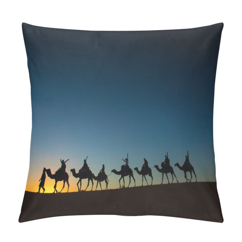 Personality  Sillhouette Of Camel Caravan With Happy Peopple Going Through Th Pillow Covers