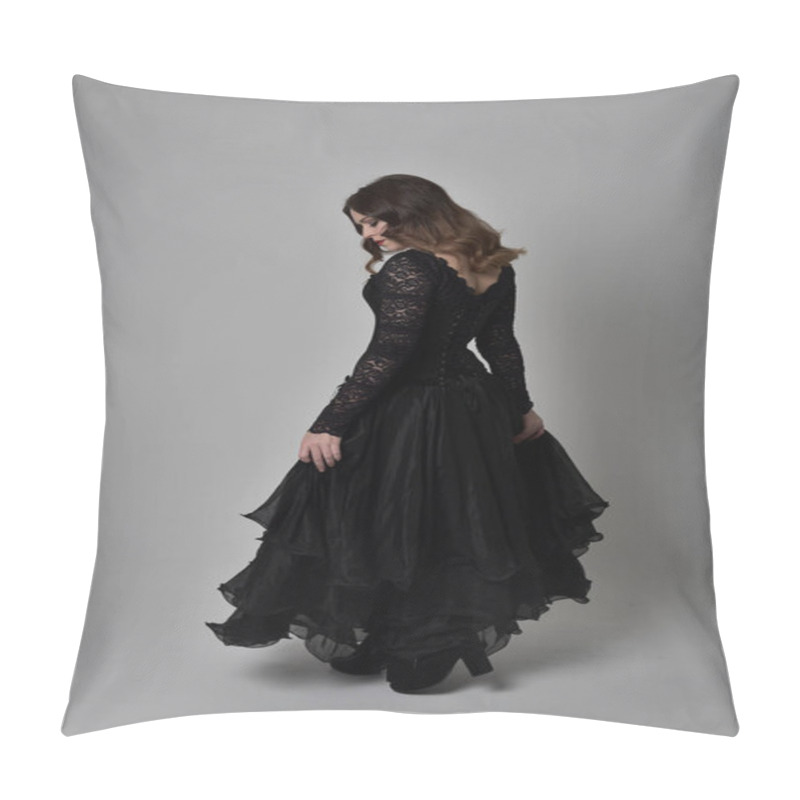 Personality  Full Length Portrait Of Brunette Girl Wearing Long Black Lace Gown Wit Corset. Standing Pose With Back To The Camera. Isolated On Grey Studio Background. Pillow Covers