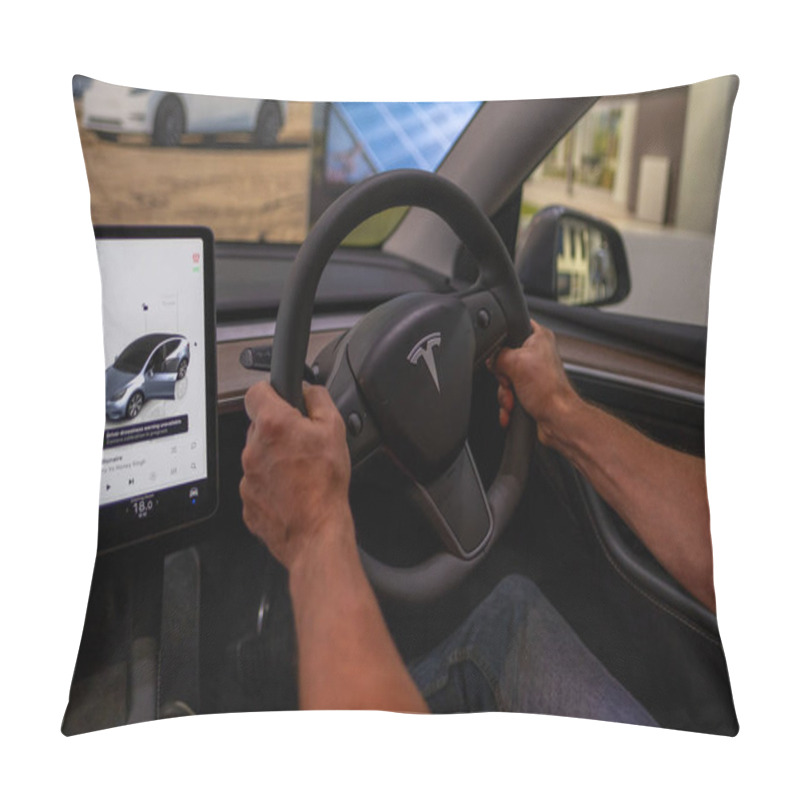 Personality  Driver Confidently Holds Wheel Tesla Model Y, Modern Left-hand Drive Interior, Driving Experience, High-end Finishes Automotive Environment, London - September 17, 2024 Pillow Covers