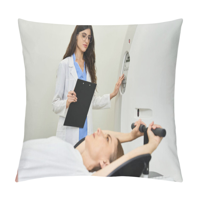 Personality  Doctor In Lab Coat Assists Patient During MRI Scan, Ensuring Comfort And Accuracy In Diagnostics. Pillow Covers