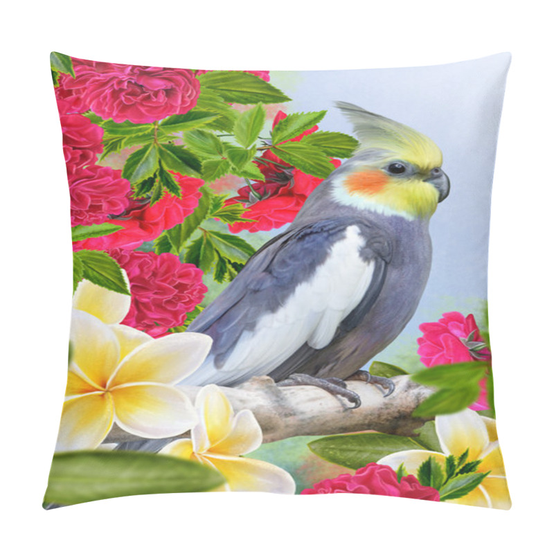 Personality  Bird Parrot Corella And White Flowers Plumeria, Frangipani Pillow Covers