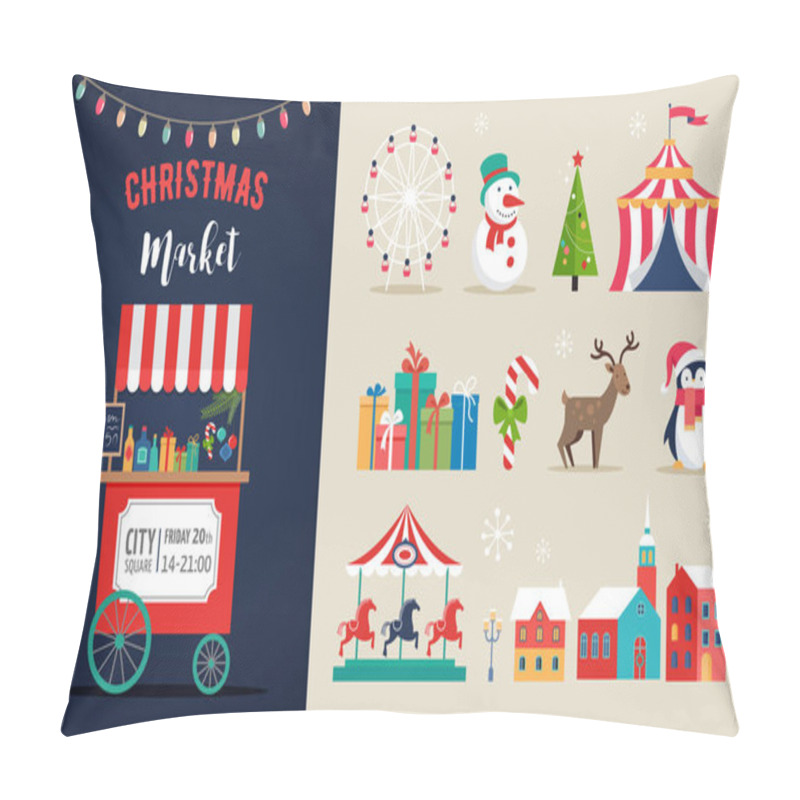 Personality  Christmas Village, Winter Town, Christmas Market, Xmas Fair, Christmas Poster. Merry Christmas Background And Icons Set Pillow Covers