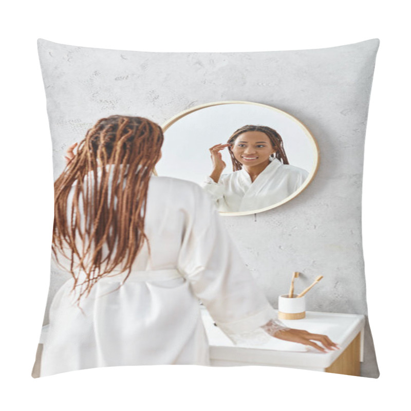 Personality  An African American Woman With Afro Braids Brushes Her Hair In A Modern Bathroom, Focusing On Beauty And Hygiene. Pillow Covers