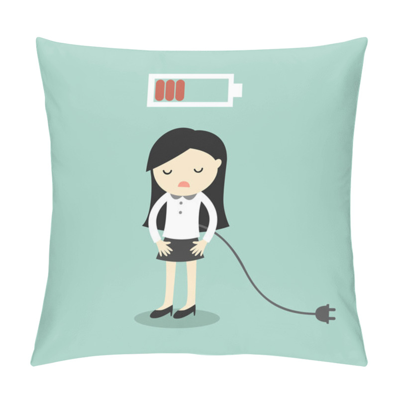 Personality  Business Concept, Business Woman Feeling Tired And Low Battery. Vector Illustration. Pillow Covers