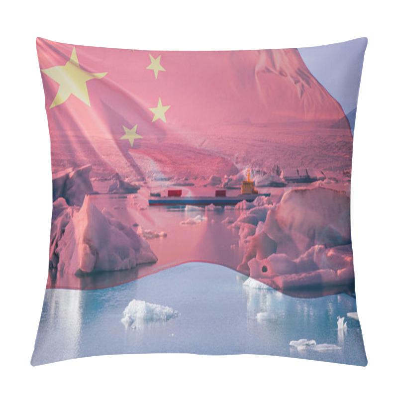 Personality  Cargo Ship With Shipping Containers Sailing Through The Icy Arctic Waters, With A Waving Chinese Flag Superimposed. New Polar Silk Road Or PSR Was Added In 2017 To China Megascale Connectivity Project Pillow Covers