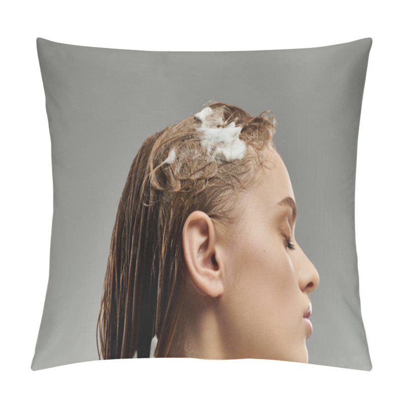 Personality  A Young Woman After Caring For Her Wet Hair. Pillow Covers