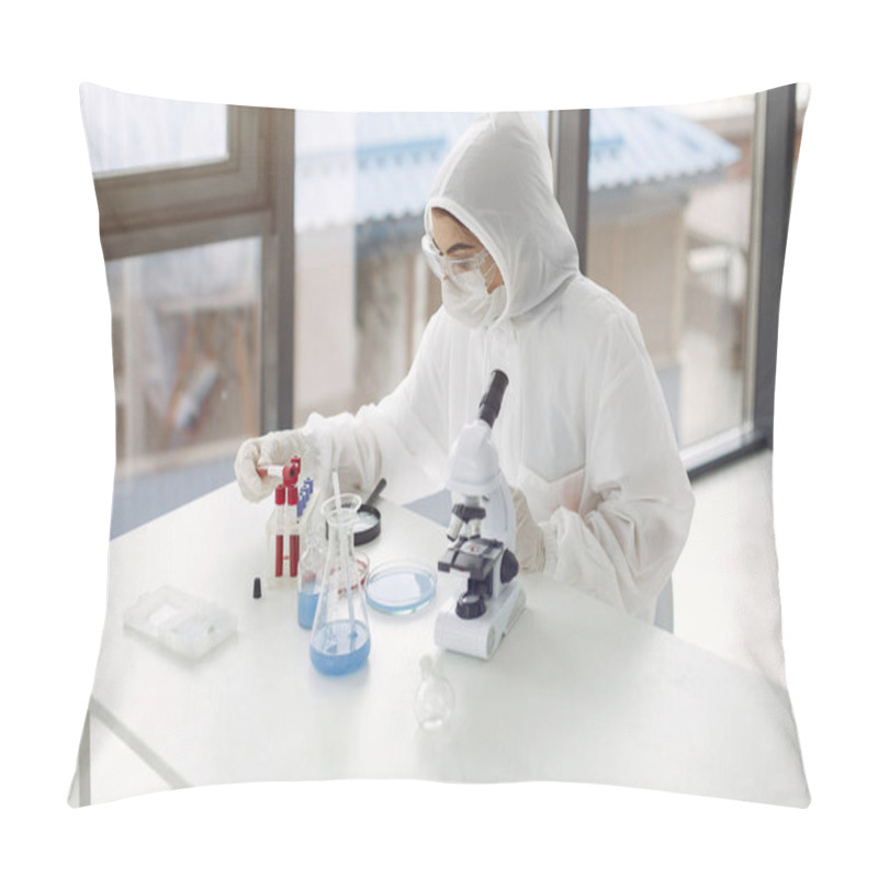 Personality  Laboratory Worker In Coverall Suit Is Adjusting Microscope Pillow Covers