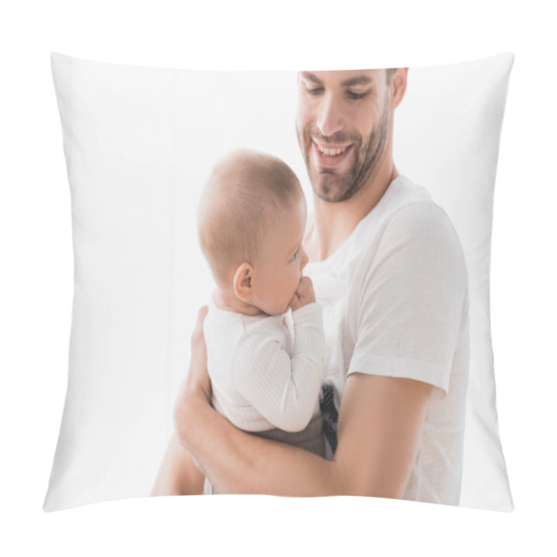 Personality  Cheerful Father Holding In Arms Baby Boy Sucking Fingers  Pillow Covers