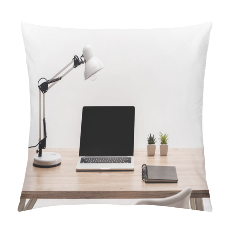 Personality  Modern Workplace With Laptop With Blank Screen, Plants, Lamp And Notebook Isolated On White Pillow Covers