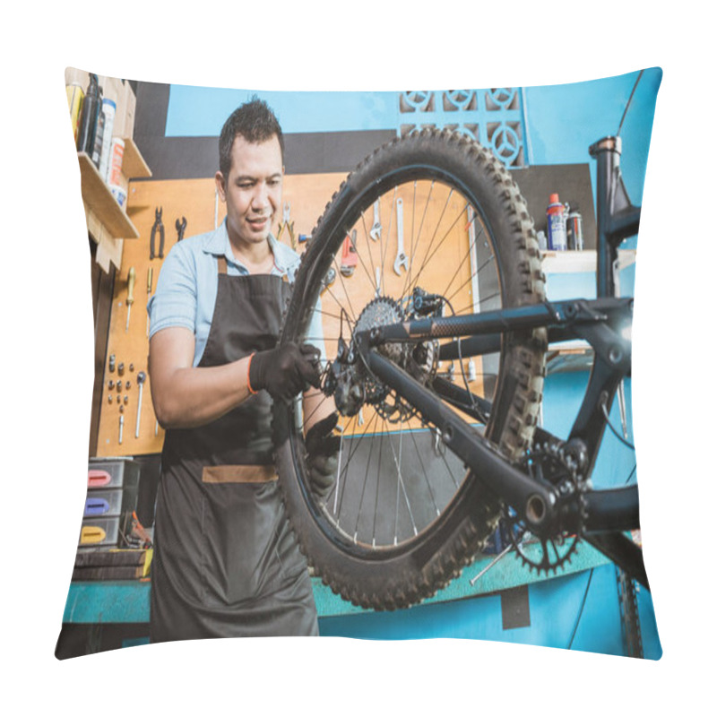 Personality  Bicycle Mechanic In Aprons Tightens Spokes While Fixing Problems Pillow Covers