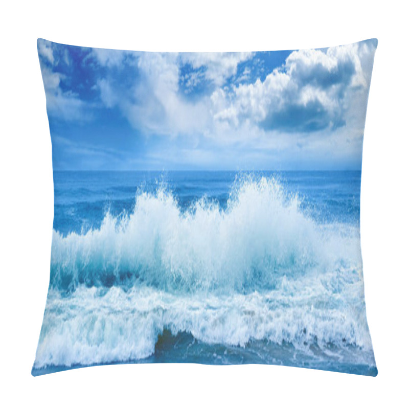 Personality  Bright Ocean Panoramic Landscape In Blue Tones. Sea Waves And Beautiful Sky With White Clouds. Pillow Covers