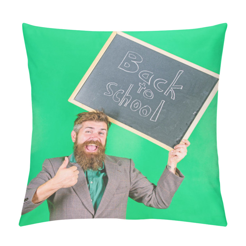 Personality  Apply For Sensational Educational Offer. Special Offer Discount Sale School Season. Back To School Special Offer. Man Bearded Teacher Holds Blackboard Back To School Inscription On Green Background Pillow Covers