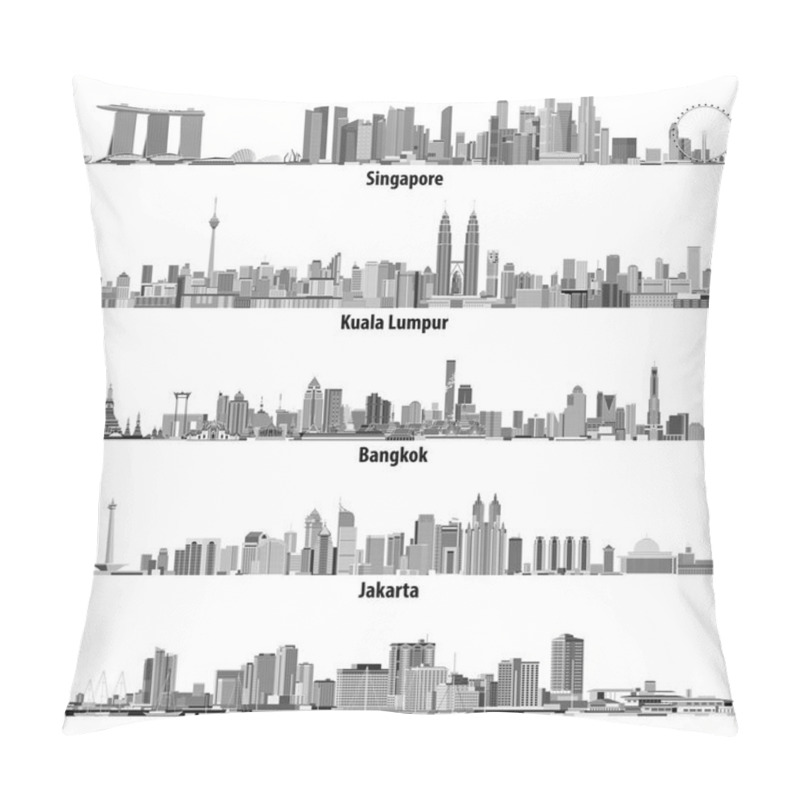 Personality  Abstract Vector Illustrations Of Asian Cities(Singapore, Kuala Lumpur, Bangkok, Jakarta And Manila) Skylines In Black And White Color Palette Pillow Covers