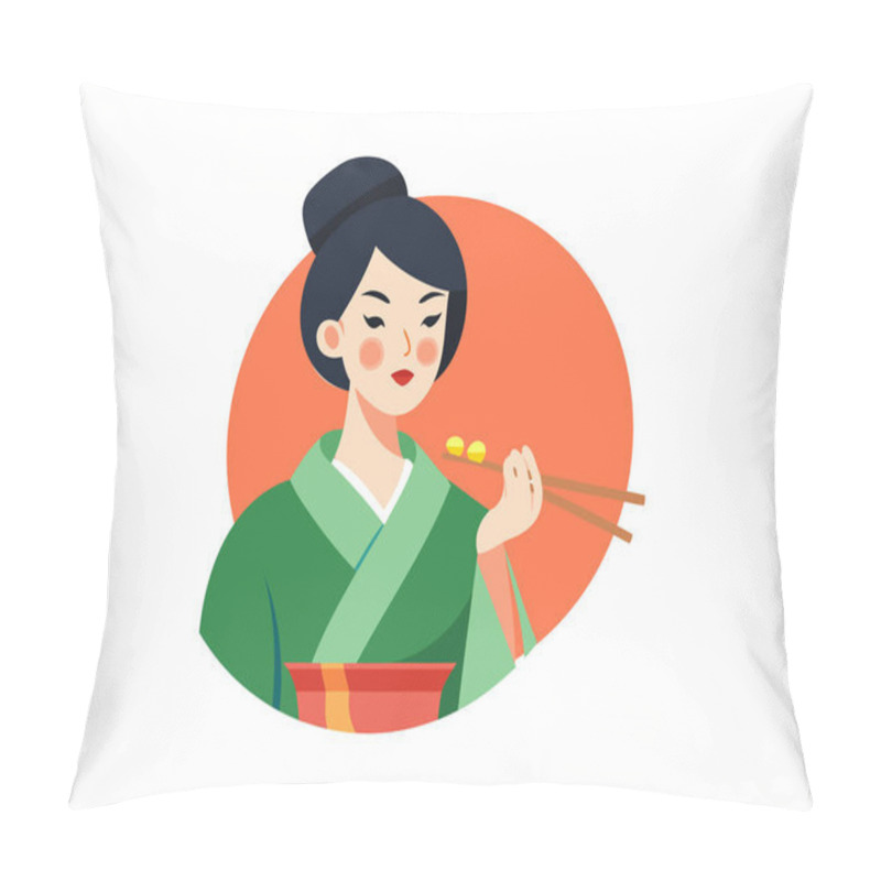 Personality  Traditional Asian Woman Enjoying Cuisine  Japanese Culture Illustration Pillow Covers