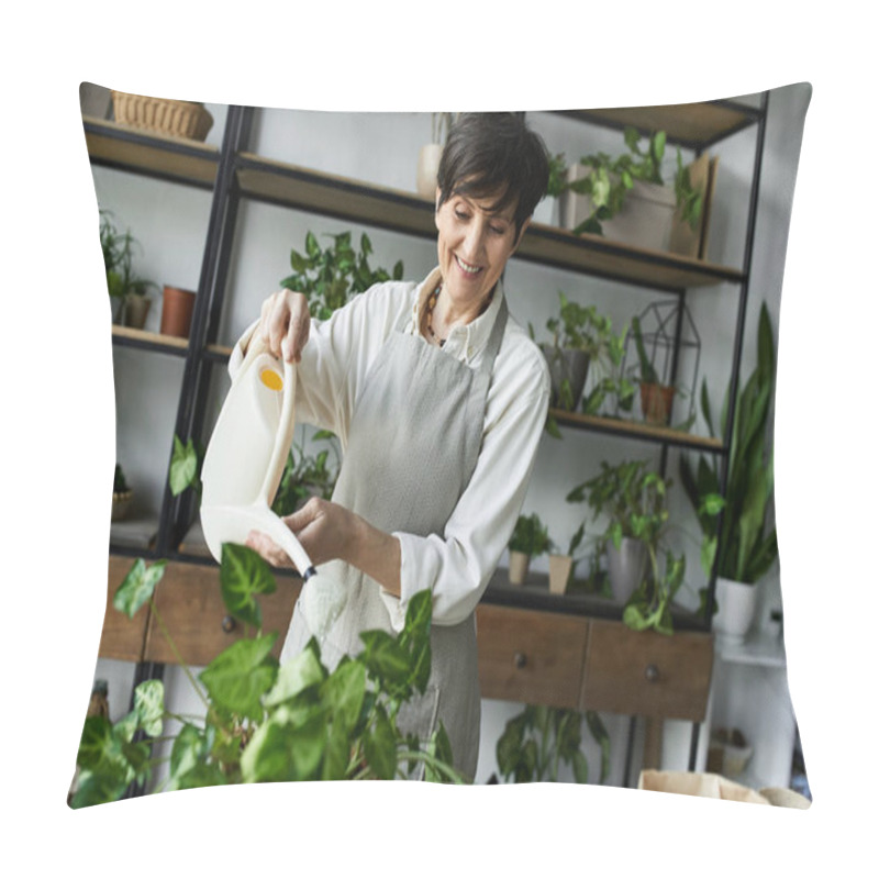 Personality  A Woman Joyfully Waters Her Thriving Plants In Her Cozy Studio. Pillow Covers