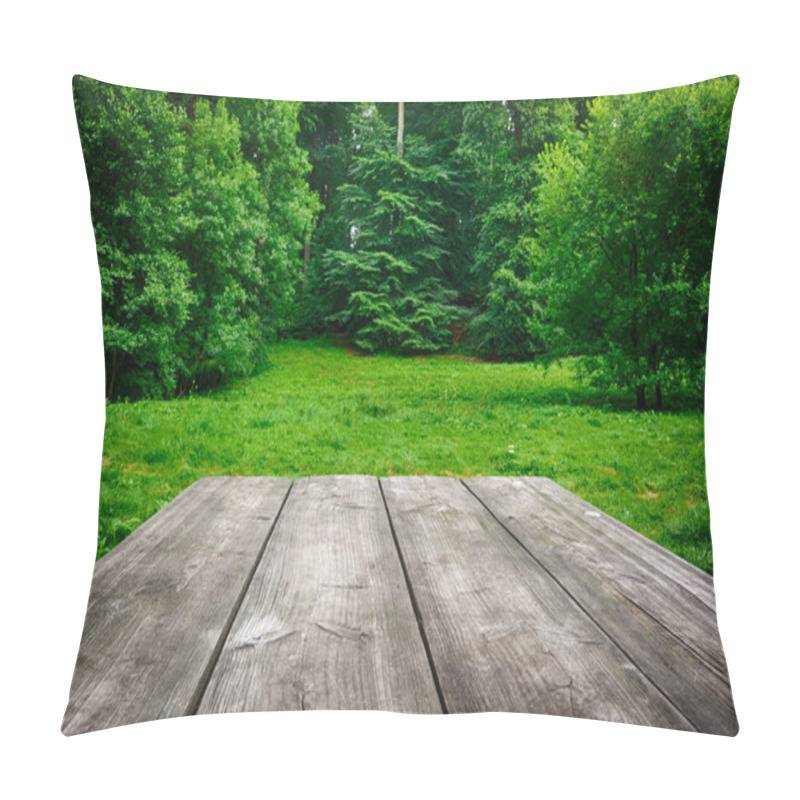 Personality  Wooden Table With Green Nature Background Pillow Covers