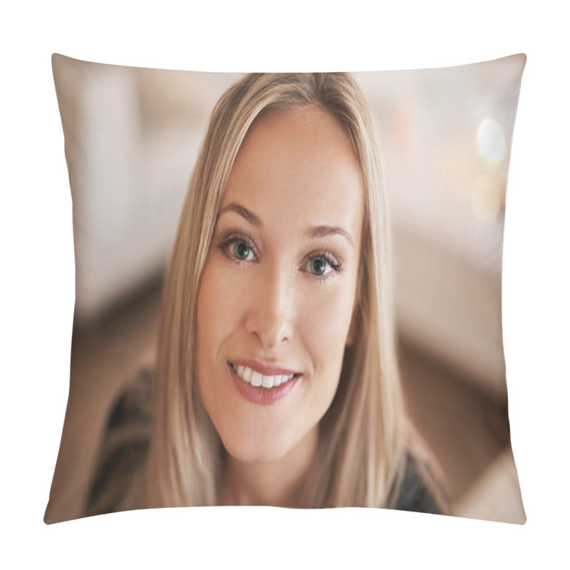 Personality  Woman, Portrait And Beauty With Makeup In Living Room Skincare, Glowing Skin And Smile With Confidence. Face Or Daily Treatment Or Routine And Female Person Happy With Pride For Cosmetics Or Wellness. Pillow Covers