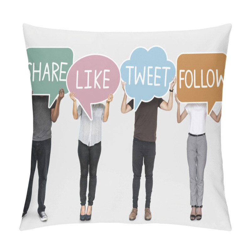 Personality  Diverse People Holding Texts Of Social Media Activities Pillow Covers